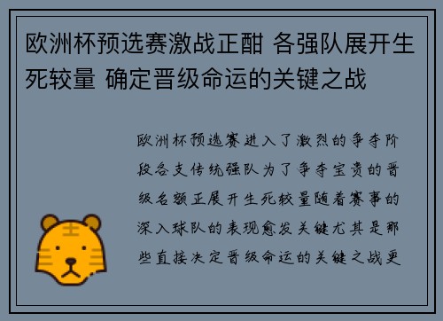 欧洲杯预选赛激战正酣 各强队展开生死较量 确定晋级命运的关键之战