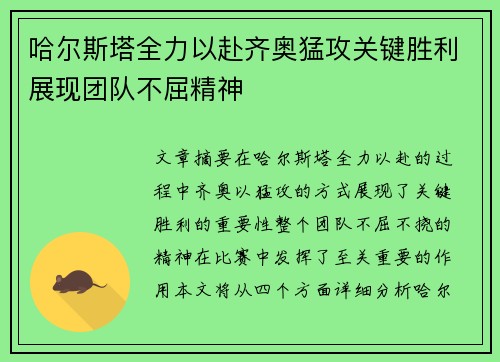 哈尔斯塔全力以赴齐奥猛攻关键胜利展现团队不屈精神
