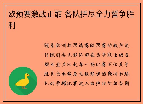 欧预赛激战正酣 各队拼尽全力誓争胜利